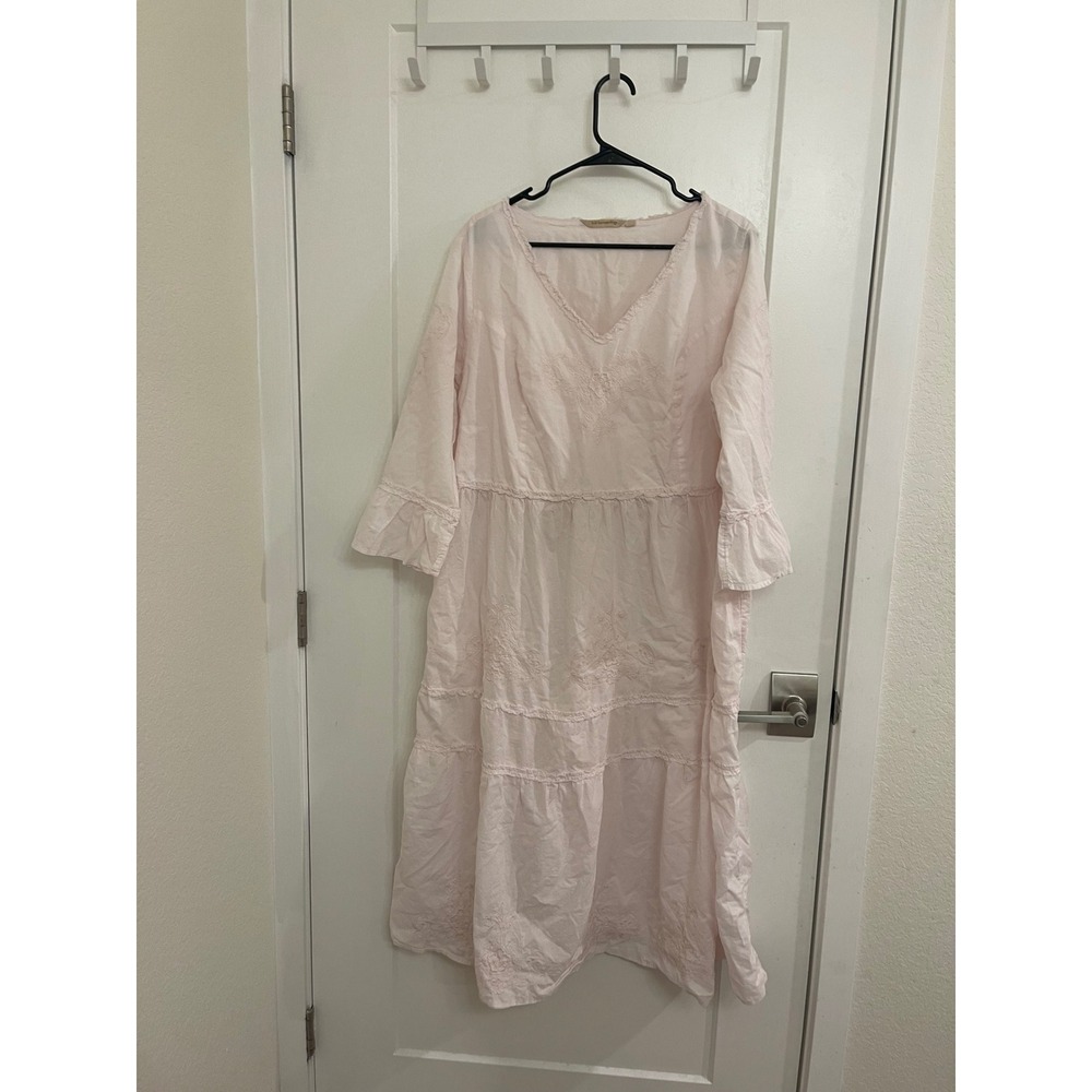 Soft Surroundings Pink Cotton Embroidered Cottagecore Maxi Dress Coastal Boho